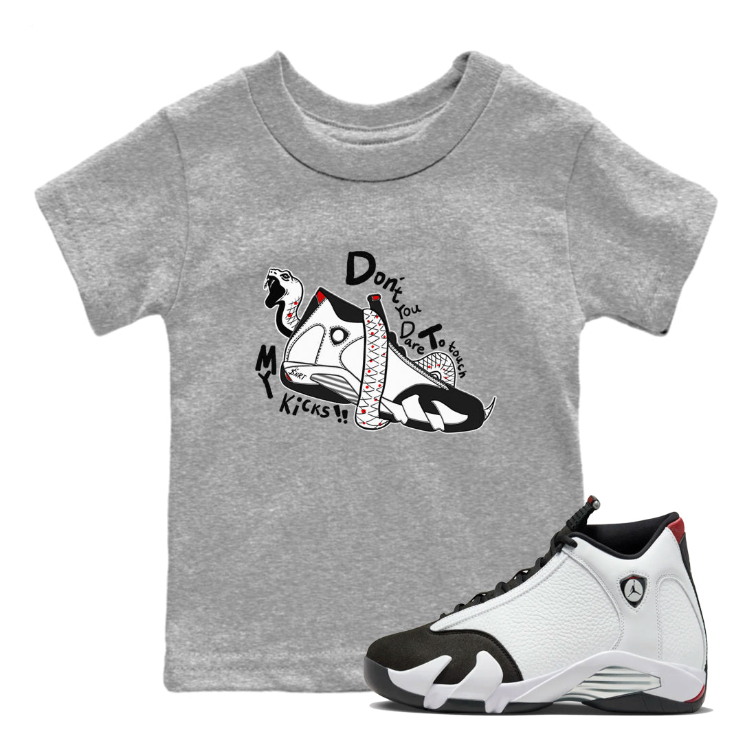 Air Jordan 14 Black Toe t shirts to match sneakers Don't Touch My Kicks sneaker match tees 14s Black Toe sneaker match tee SNRT Sneaker Tees Youth Baby Heather Grey 1 tee