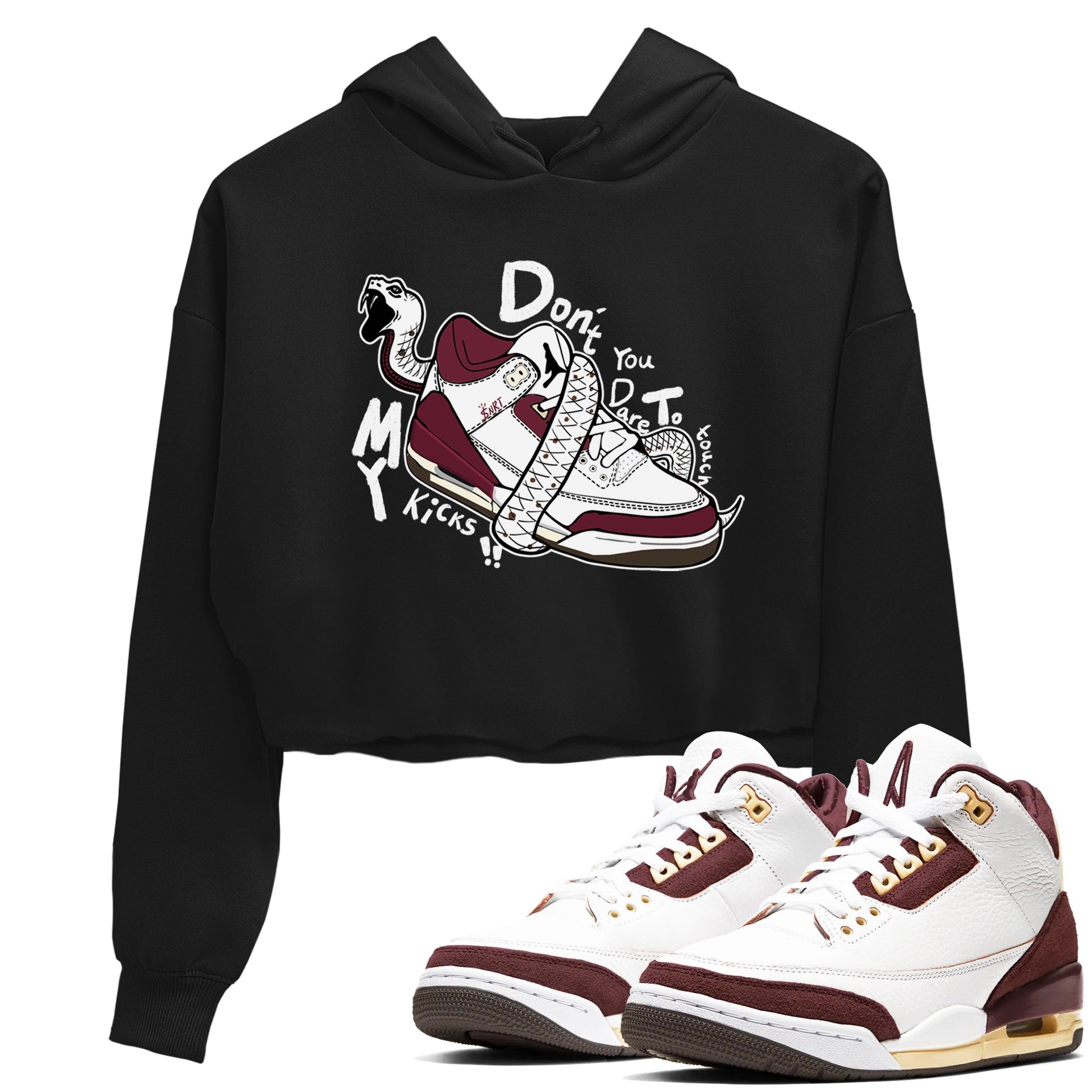 3s A Ma Maniere x Burgundy Crush shirts to match jordans Don't Touch My Kicks sneaker match teesA Ma Maniére x Air Jordan 3 "Burgundy Crush" SNRT Sneaker Tees streetwear brand Black 1 crop tee