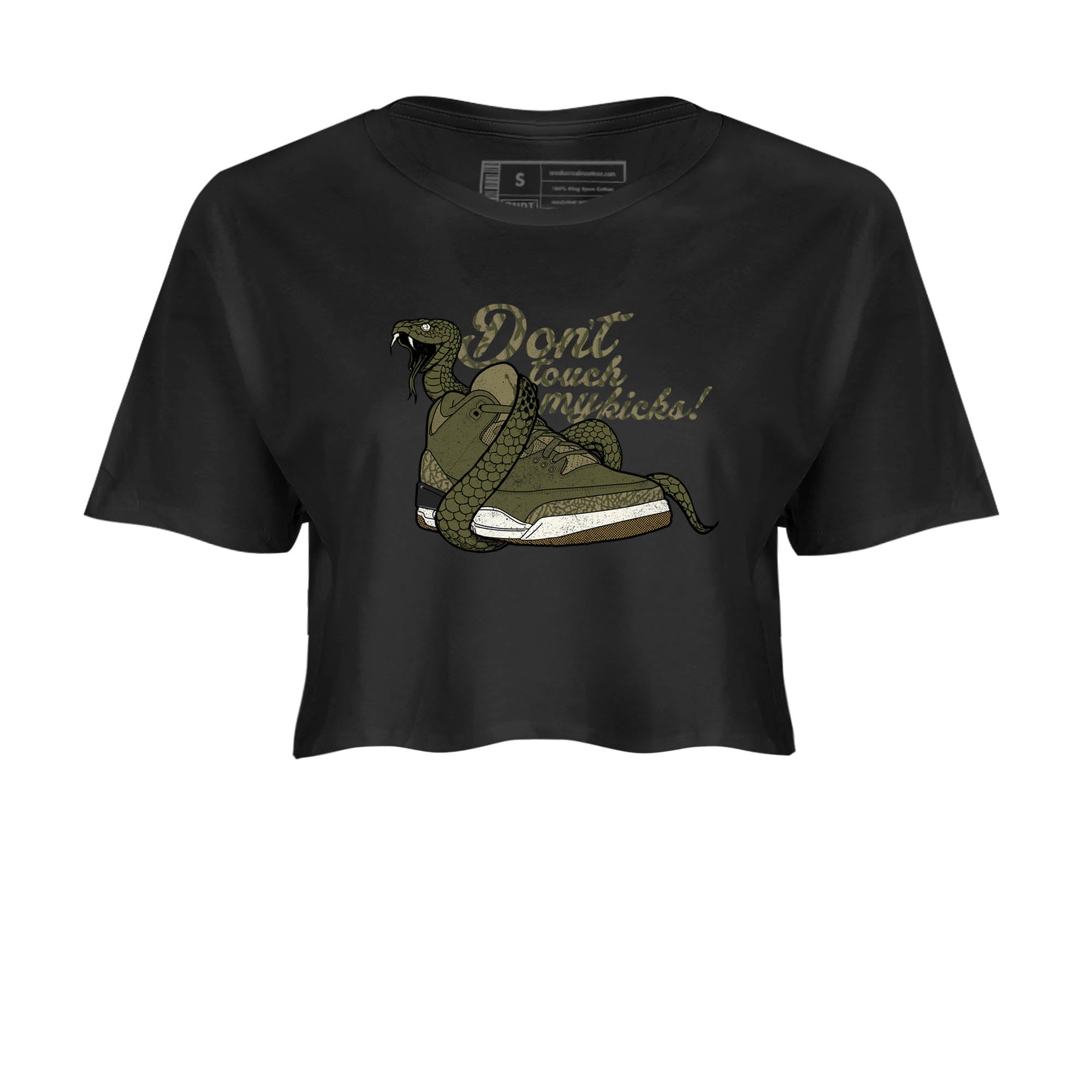 Sneaker Threads – Sneaker Tees To Match Air Jordan 3 Medium Olive – Don't Touch My Kicks Crop Tee Black 2. Perfect for Jordan releases 2025 colorways.