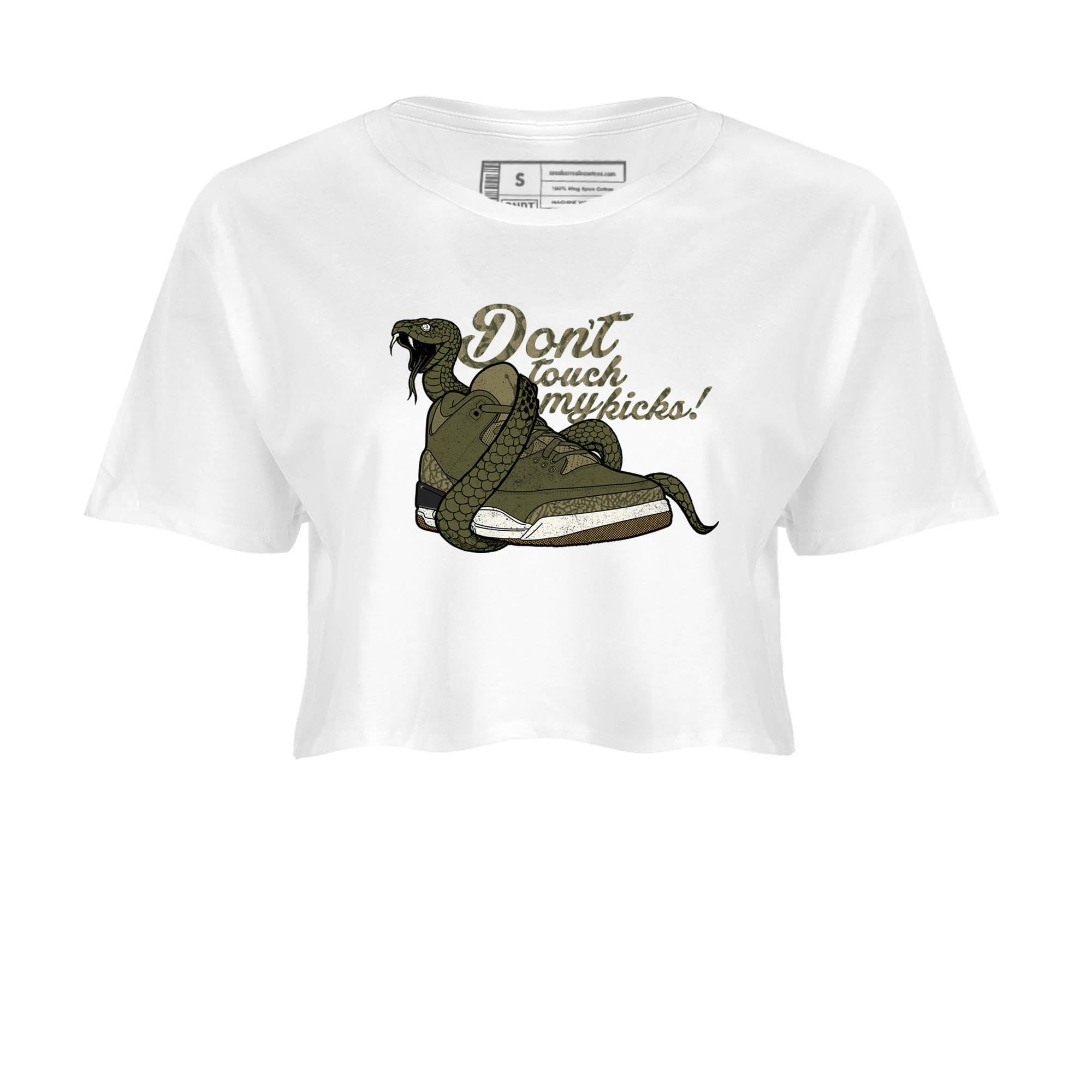 Sneaker Threads – Sneaker Tees To Match Air Jordan 3 Medium Olive – Don't Touch My Kicks Crop Tee White 2. Perfect for Jordan releases 2025 colorways.
