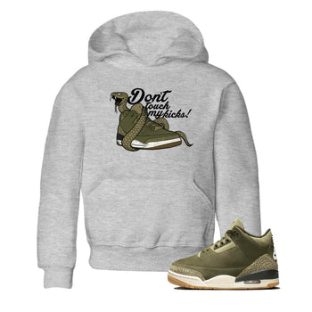 Sneaker Threads – Sneaker Tees To Match Air Jordan 3 Medium Olive – Don't Touch My Kicks Youth Graphic Tee Heather Grey 1. Perfect for Jordan releases 2025 colorways.