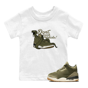 Sneaker Threads – Sneaker Tees To Match Air Jordan 3 Medium Olive – Don't Touch My Kicks Youth Graphic Tee White 1. Perfect for Jordan releases 2025 colorways.