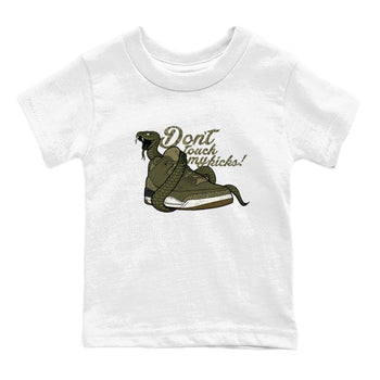 Sneaker Threads – Sneaker Tees To Match Air Jordan 3 Medium Olive – Don't Touch My Kicks Youth Graphic Tee White 2. Perfect for Jordan releases 2025 colorways.