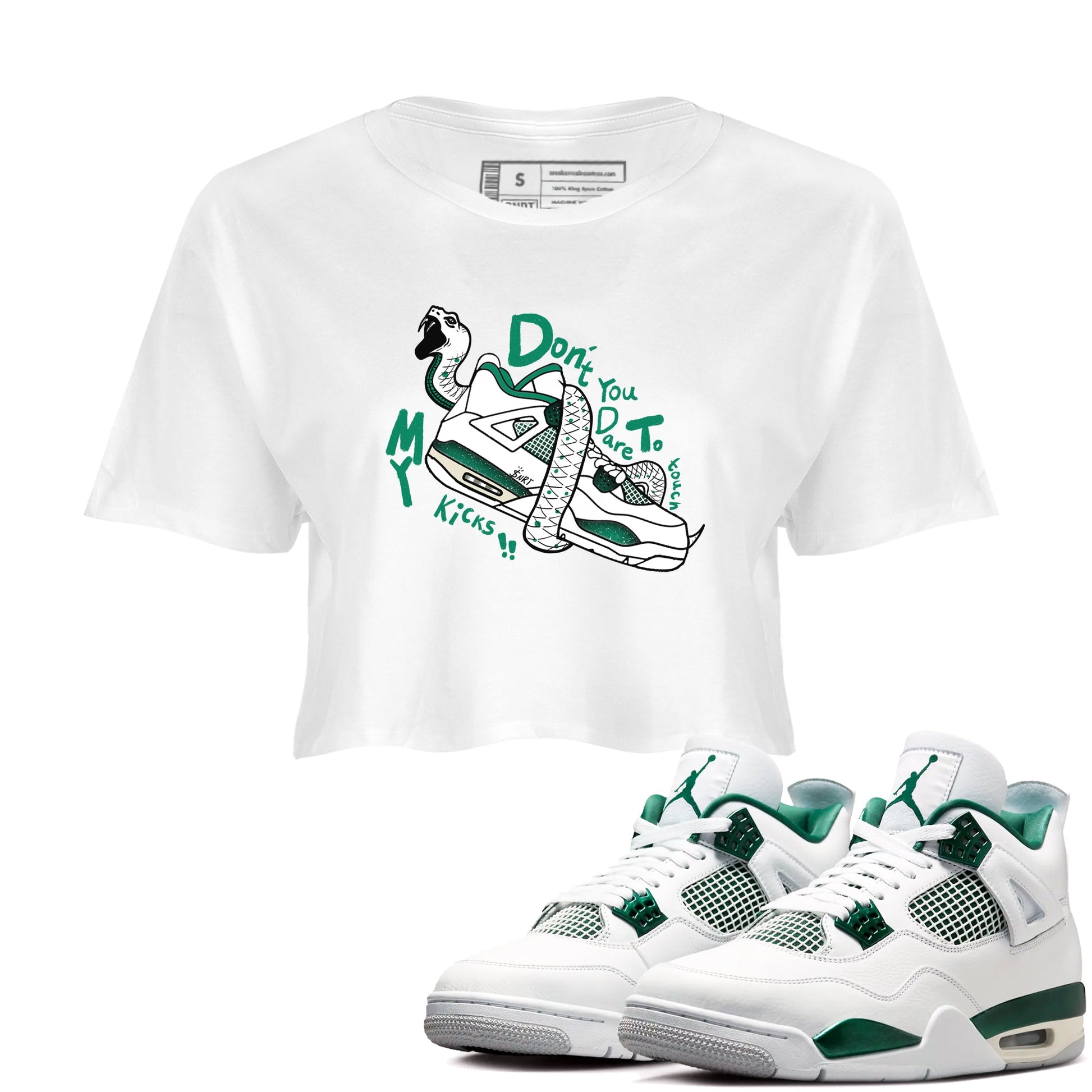 4s Oxidized Green shirts to match jordans Don't Touch My Kicks sneaker match tees Air Jordan 4 Oxidized Green SNRT Sneaker Tees streetwear brand White 1 crop tee