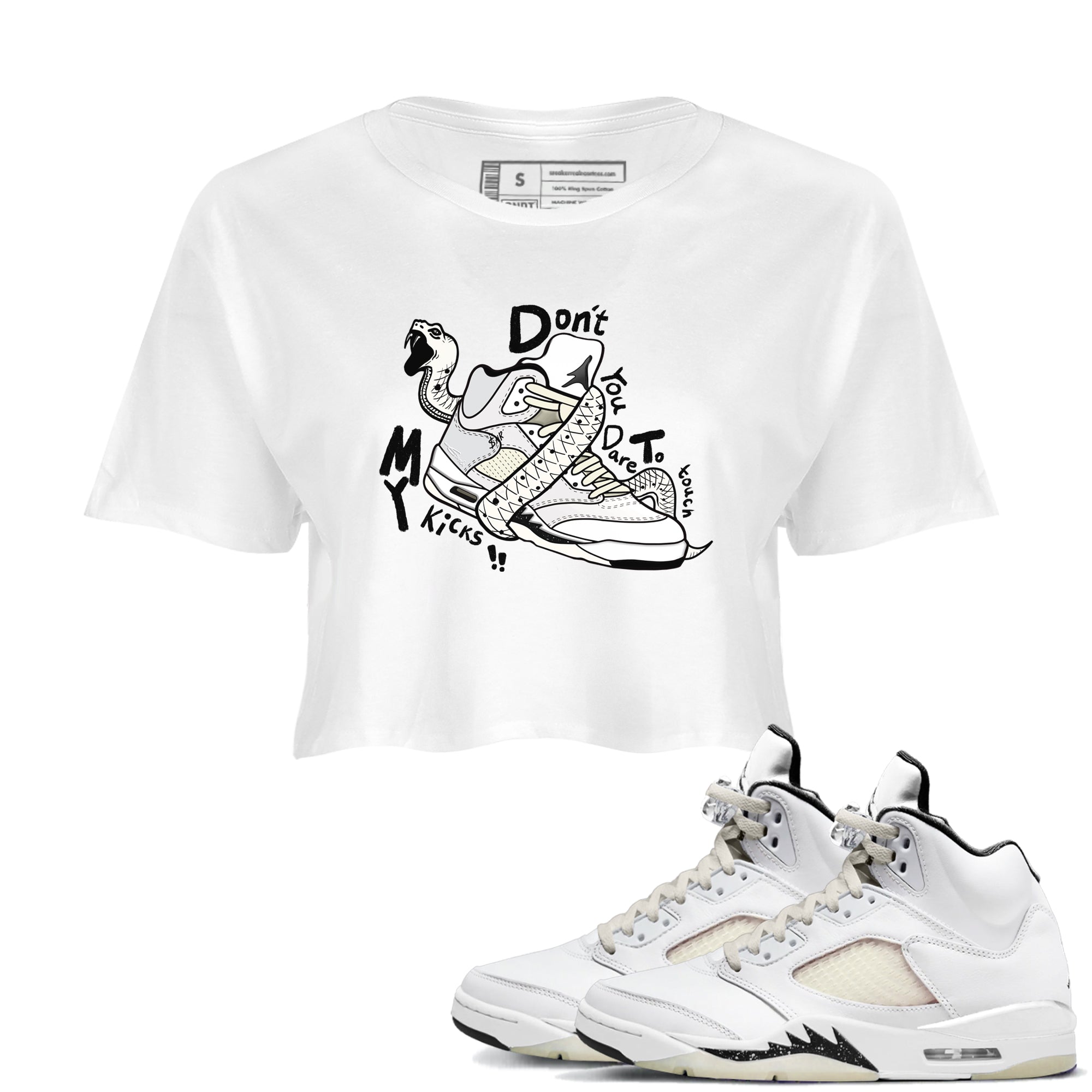 AJ5 Sail shirt to match jordans Don't Touch My Kicks sneaker tees Air Jordan 5 Sail SNRT Sneaker Release Tees White 1 crop length shirt