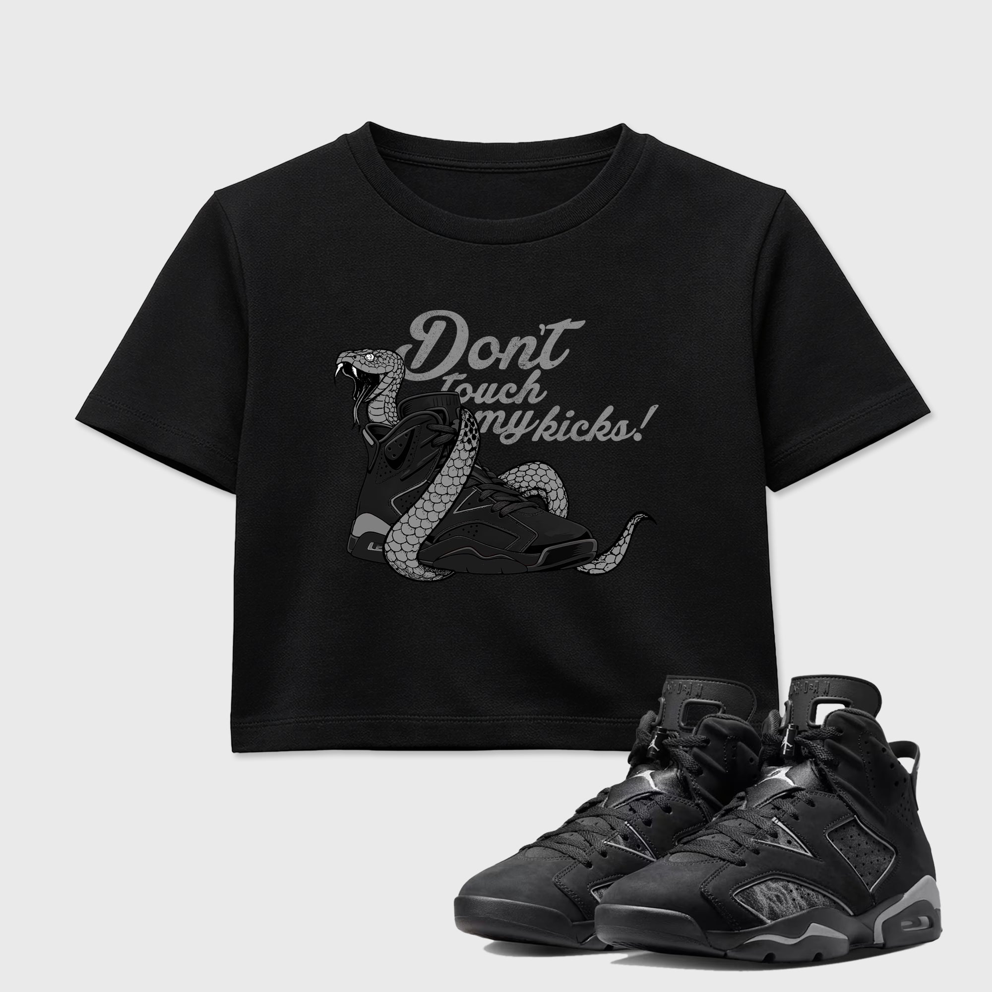 Sneaker match tees – Sneaker Tees To Match Air Jordan 6 Cap and Gown Shoes – Don't Touch My Kicks Crop T-Shirt Black 1