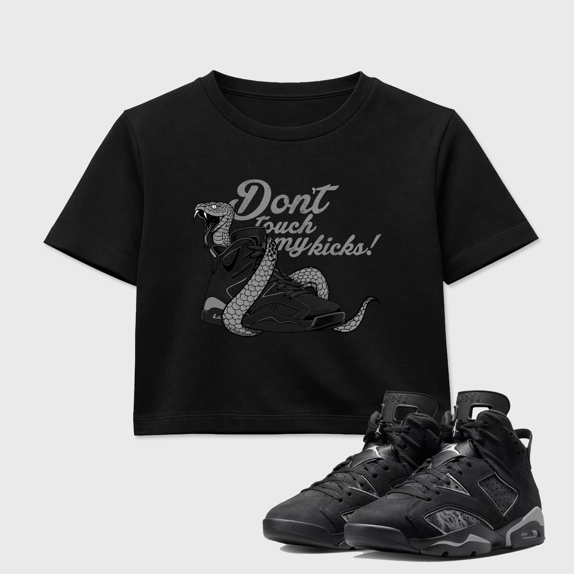 Sneaker match tees – Sneaker Tees To Match Air Jordan 6 Cap and Gown Shoes – Don't Touch My Kicks Crop T-Shirt Black 1