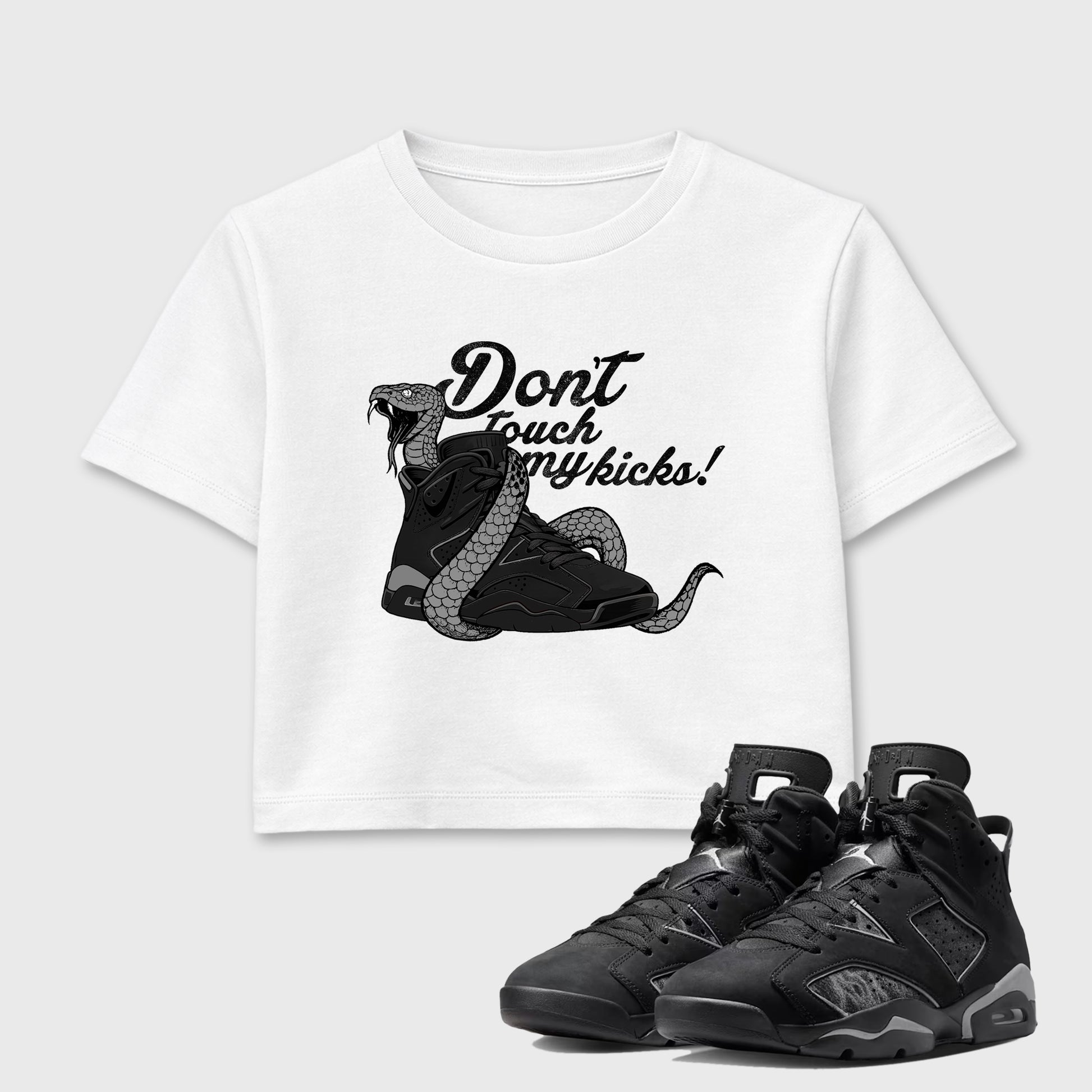 Sneaker match tees – Sneaker Tees To Match Air Jordan 6 Cap and Gown Shoes – Don't Touch My Kicks Crop T-Shirt White 1