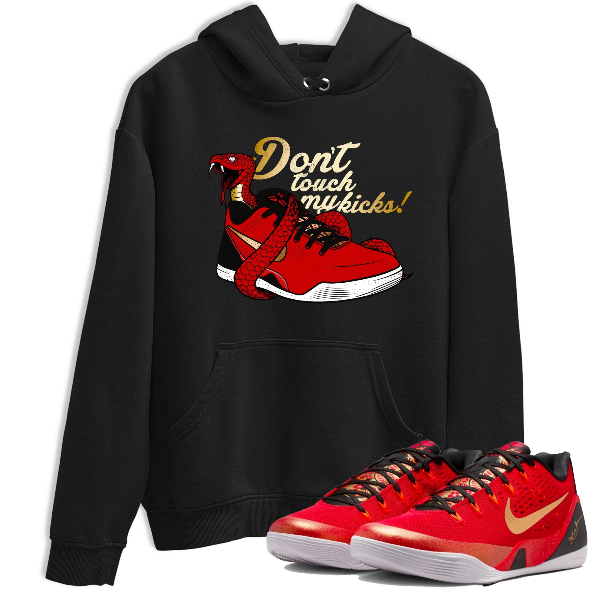 Sneaker match tees – Sneaker Tees To Match Nike KB 9 China Kobe 9 Low Proto EM University Red and Metallic Gold Shoes – Don't Touch My Kicks Tee Black 1