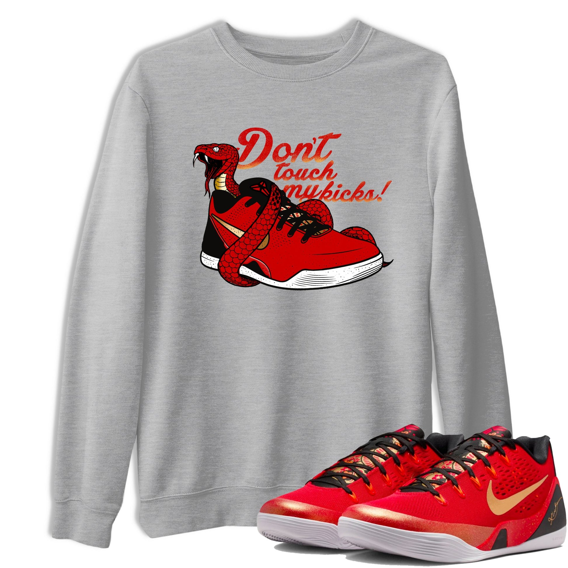 Sneaker match tees – Sneaker Tees To Match Nike KB 9 China Kobe 9 Low Proto EM University Red and Metallic Gold Shoes – Don't Touch My Kicks Tee Heather Grey 1