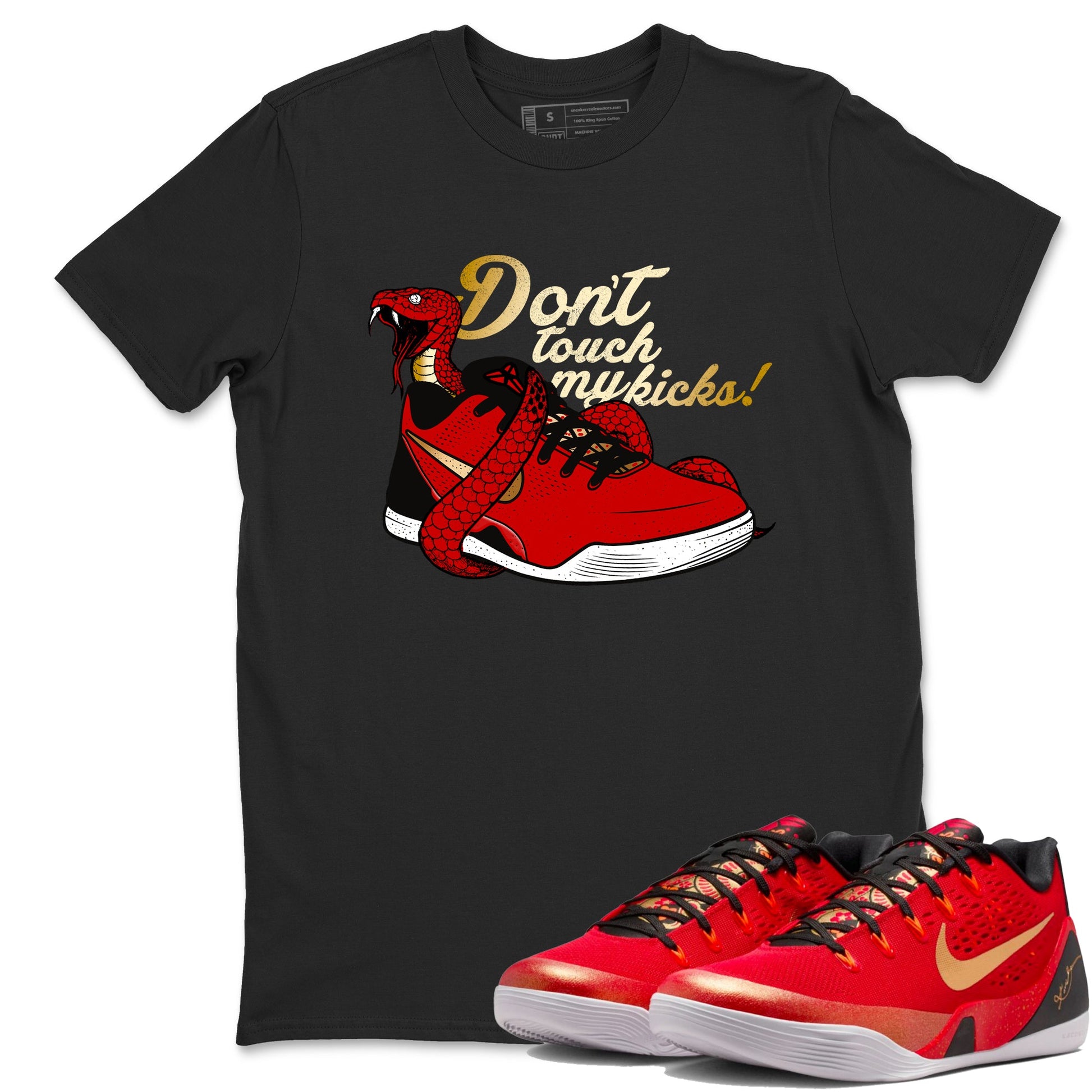 Sneaker match tees – Sneaker Tees To Match Nike KB 9 China Kobe 9 Low Proto EM University Red and Metallic Gold Shoes – Don't Touch My Kicks Tee Black 1