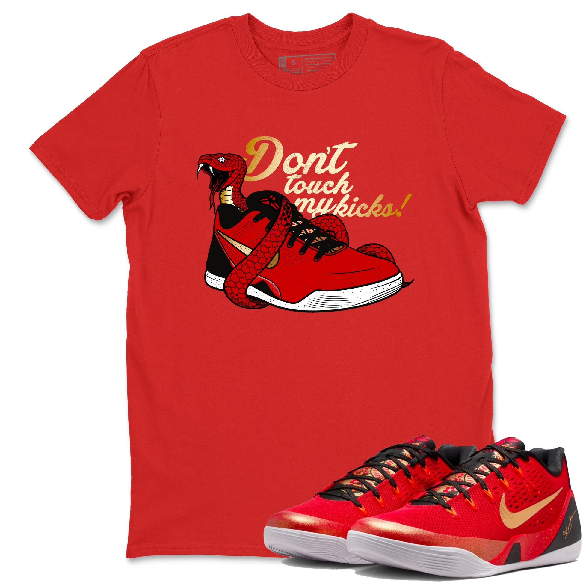 Sneaker match tees – Sneaker Tees To Match Nike KB 9 China Kobe 9 Low Proto EM University Red and Metallic Gold Shoes – Don't Touch My Kicks Tee Red 1