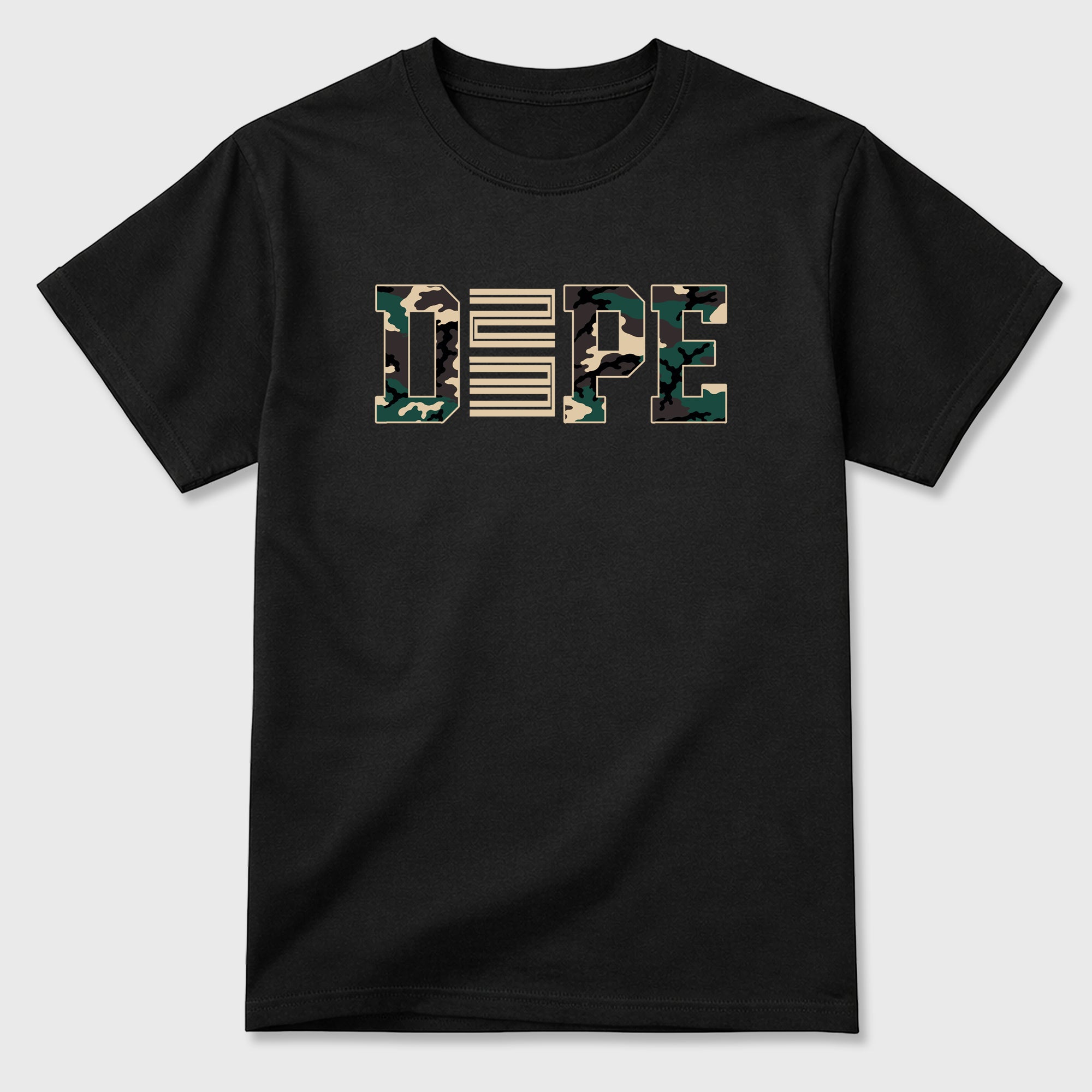 Dope 23 Graphic T-Shirt featuring original streetwear artwork designed to match the Air Foamposite Pro Green Camo. Black 2 Graphic T-Shirt.
