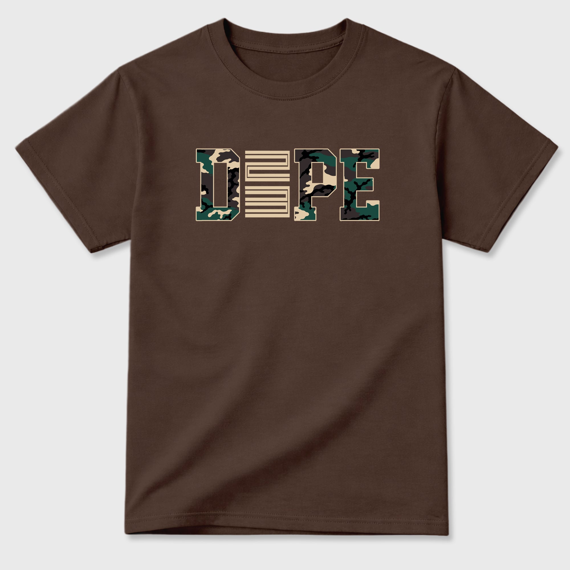 Dope 23 Graphic T-Shirt featuring original streetwear artwork designed to match the Air Foamposite Pro Green Camo. Dark Chocolate 2 Graphic T-Shirt.