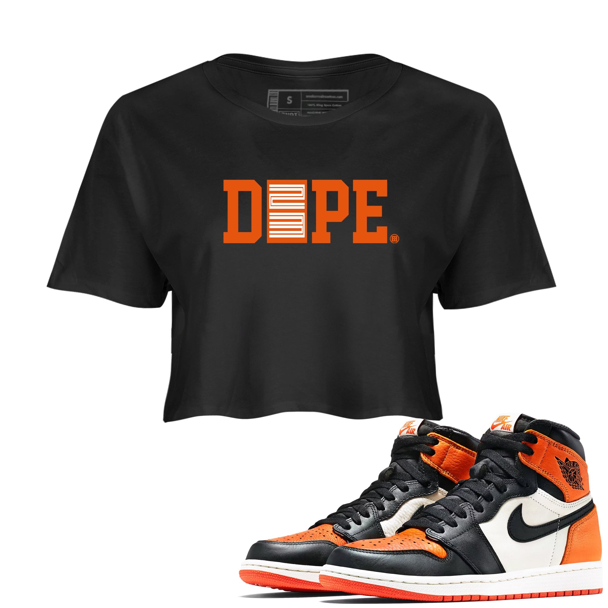 1s Orange Sneaker match tees – Sneaker Tees To Match Jordan 1 Retro Shattered Backboard Shoes – Dope 23 Crop T-Shirt Black 1