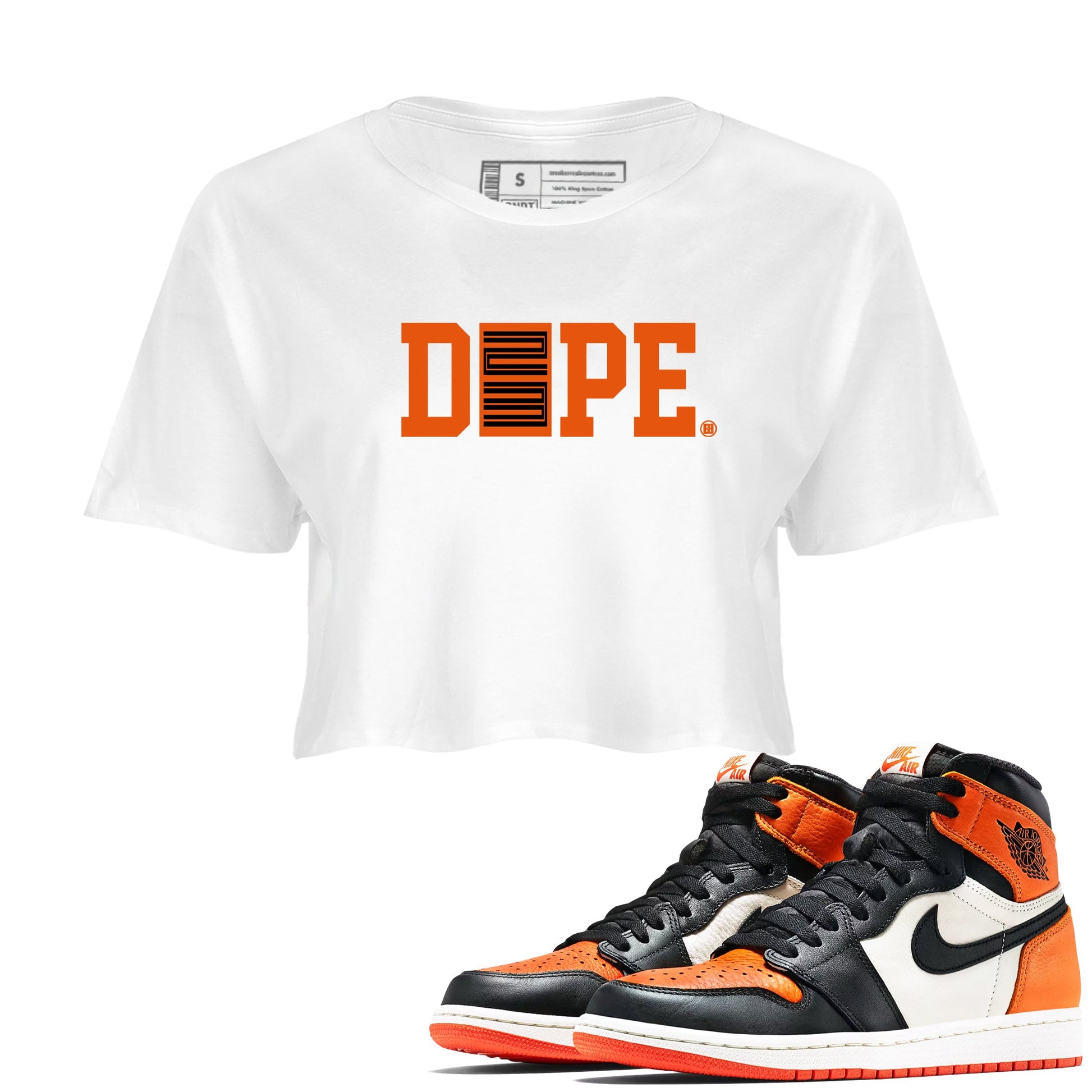 1s Orange Sneaker match tees – Sneaker Tees To Match Jordan 1 Retro Shattered Backboard Shoes – Dope 23 Crop T-Shirt White 1