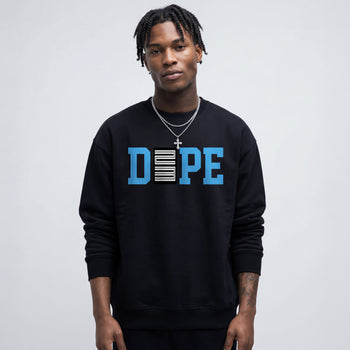 Person wearing a black sweatshirt with 'DOPE' printed in blue and white on a light gray background