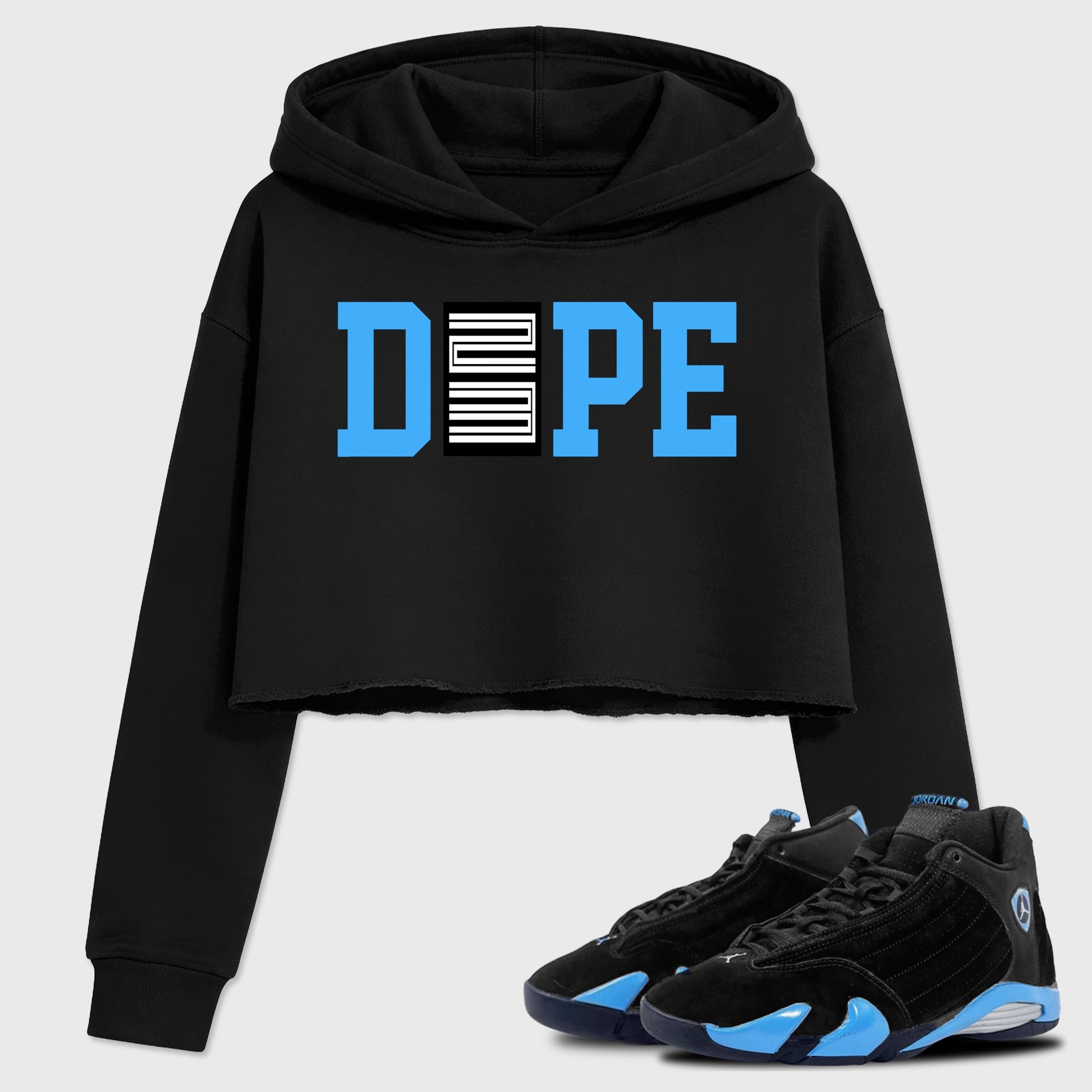 Sneaker outfits graphic tee – Sneaker Tees To Match Air Jordan 14 University Blue Sneakers – Dope 23 Crop T-Shirt Black 1