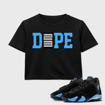 Sneaker outfits graphic tee – Sneaker Tees To Match Air Jordan 14 University Blue Sneakers – Dope 23 Crop T-Shirt Black 1