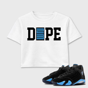 Sneaker outfits graphic tee – Sneaker Tees To Match Air Jordan 14 University Blue Sneakers – Dope 23 Crop T-Shirt White 1