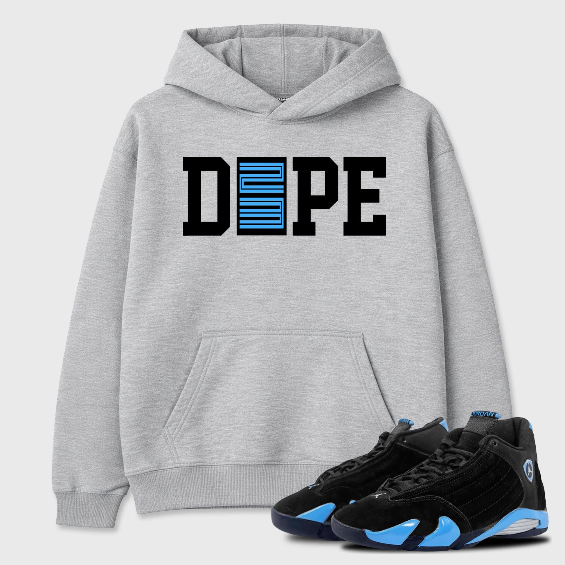 Sneaker outfits graphic tee – Sneaker Tees To Match Air Jordan 14 University Blue Sneakers – Dope 23 Tee Heather Grey 1