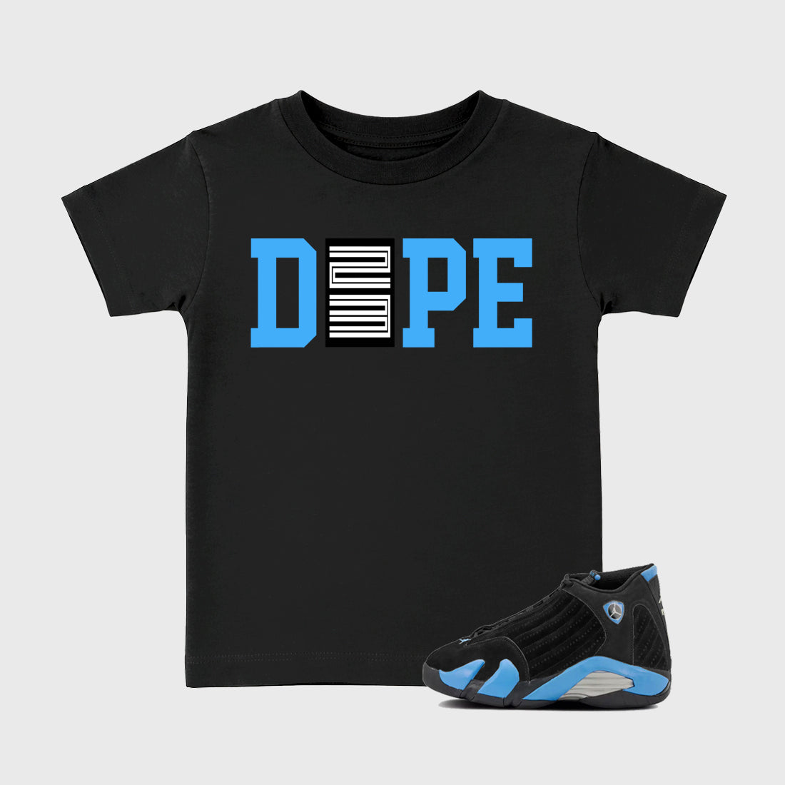 Sneaker outfits graphic tee – Sneaker Tees To Match Air Jordan 14 University Blue Sneakers – Dope 23 Kids T-Shirt Black 1