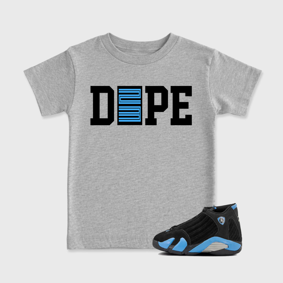 Sneaker outfits graphic tee – Sneaker Tees To Match Air Jordan 14 University Blue Sneakers – Dope 23 Kids T-Shirt Heather Grey 1