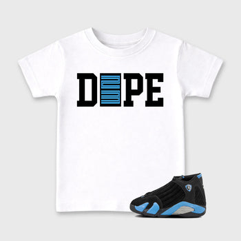 Sneaker outfits graphic tee – Sneaker Tees To Match Air Jordan 14 University Blue Sneakers – Dope 23 Kids T-Shirt White 1
