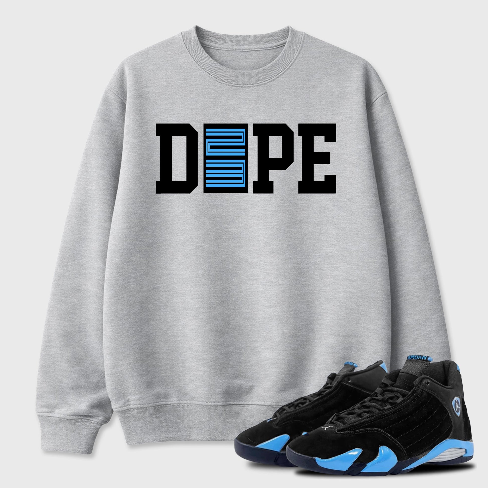 Sneaker outfits graphic tee – Sneaker Tees To Match Air Jordan 14 University Blue Sneakers – Dope 23 Tee Heather Grey 1