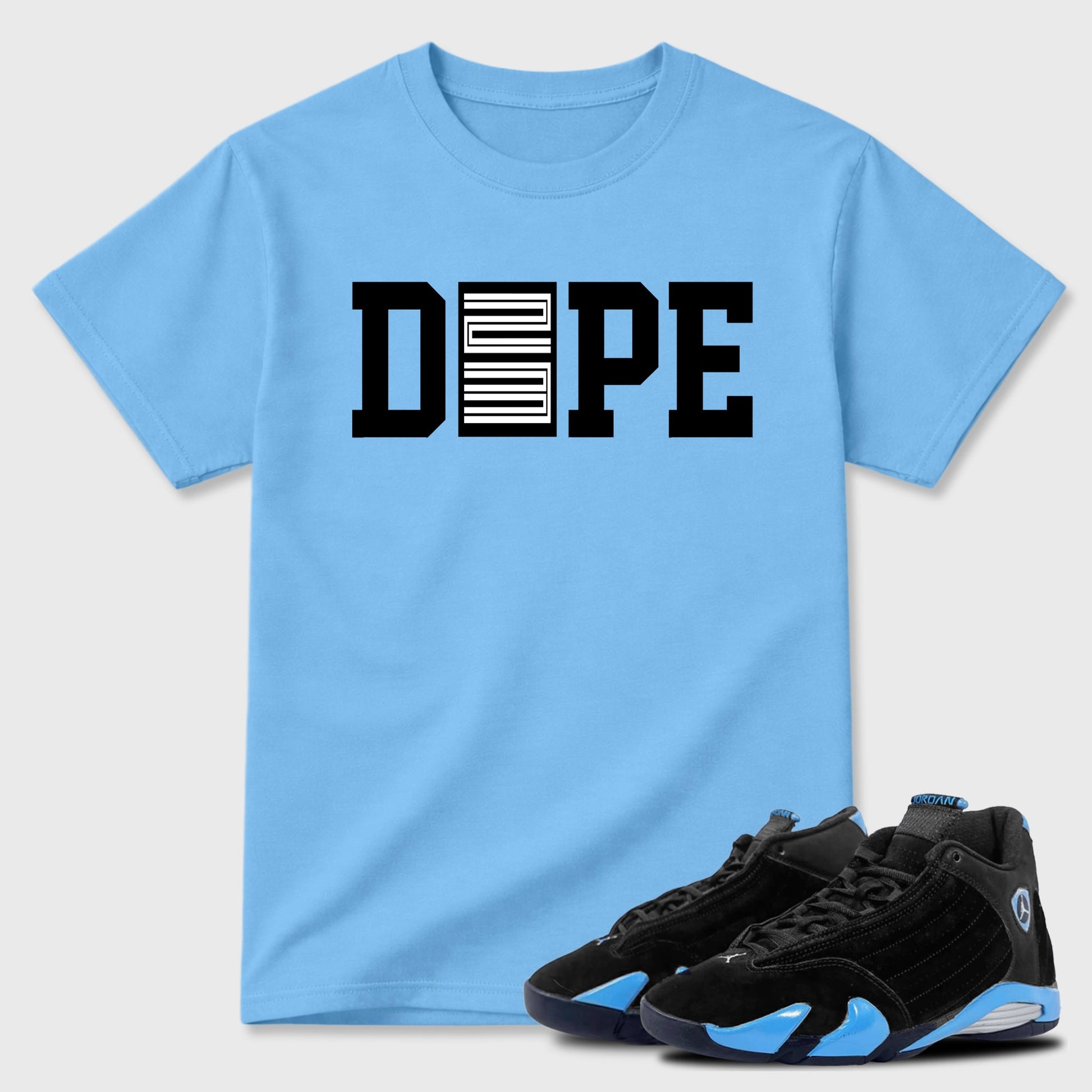 Sneaker outfits graphic tee – Sneaker Tees To Match Air Jordan 14 University Blue Sneakers – Dope 23 Tee Carolina Blue 1