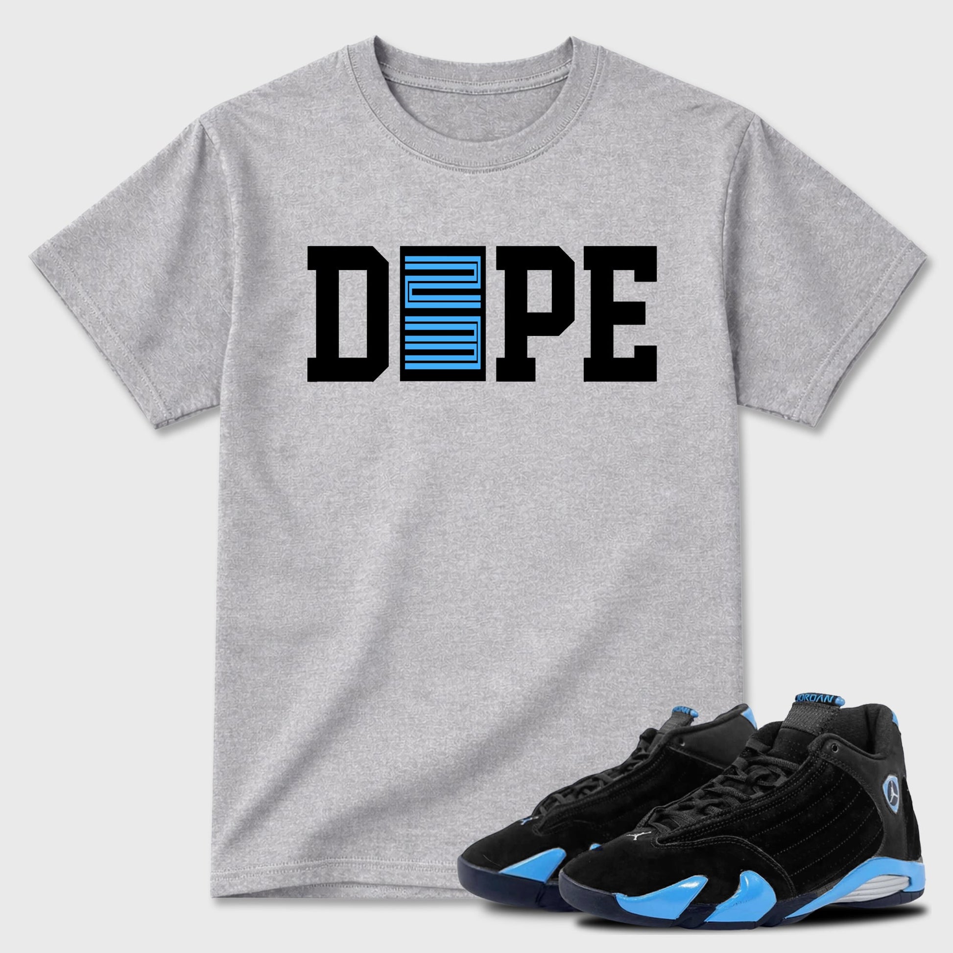 Sneaker outfits graphic tee – Sneaker Tees To Match Air Jordan 14 University Blue Sneakers – Dope 23 Tee Heather Grey 1