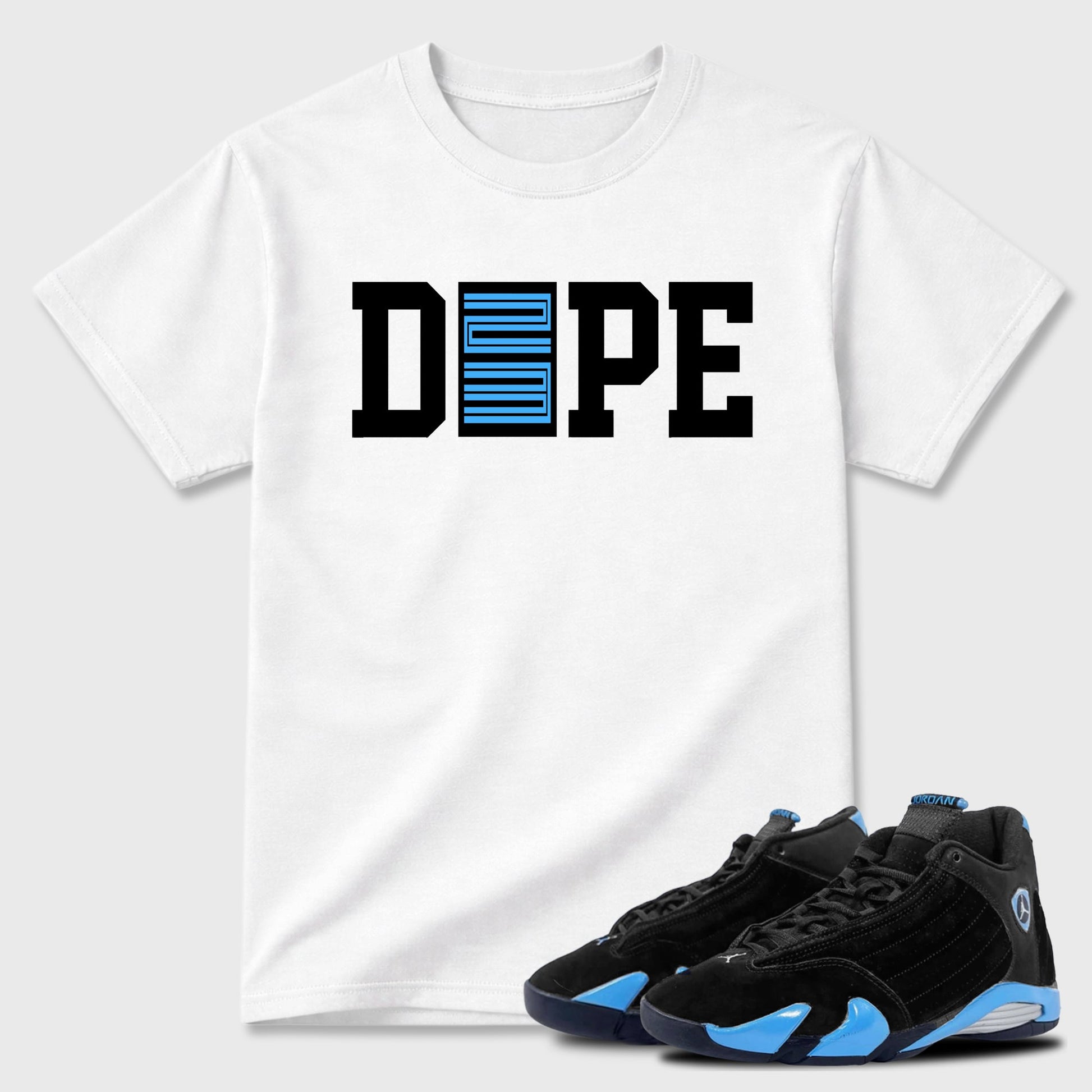 Sneaker outfits graphic tee – Sneaker Tees To Match Air Jordan 14 University Blue Sneakers – Dope 23 Tee White 1