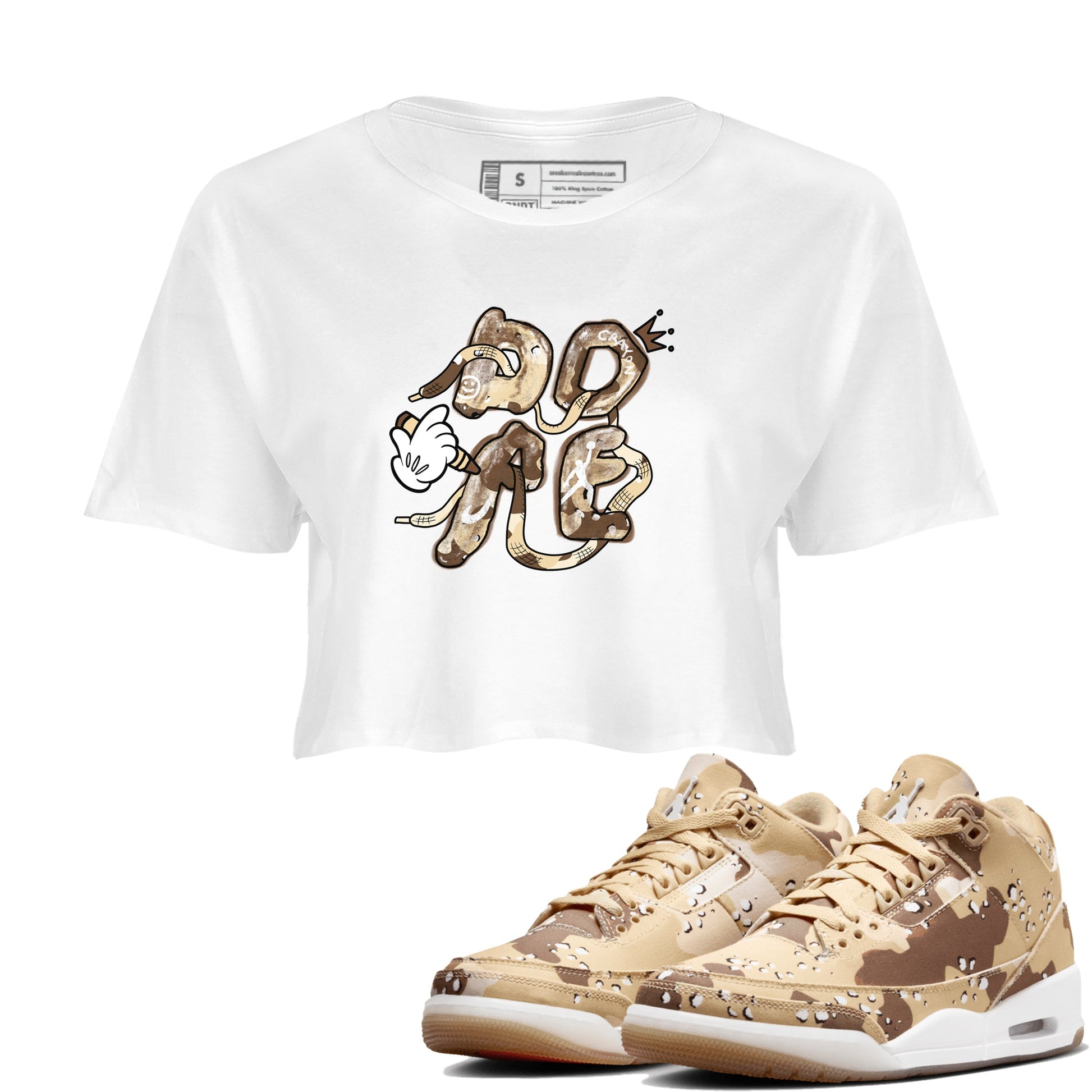 3s Desert Camo shirts to match jordans Dope sneaker match tees Air Jordan 3 Desert Camo SNRT Sneaker Tees streetwear brand White 1 crop tee