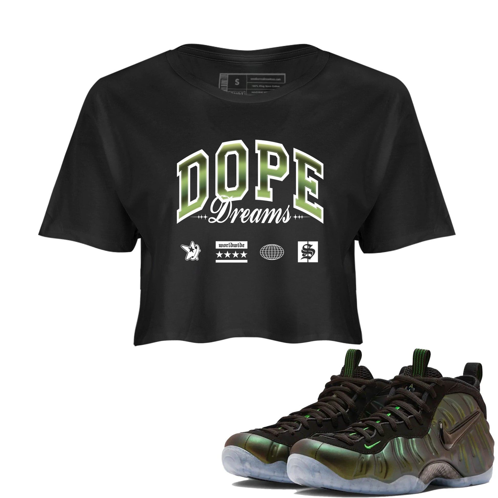 Sneaker match tees – Sneaker Tees To Match Air Foamposite One Pine Green Shoes – Dope Dreams Crop T-Shirt Black 1