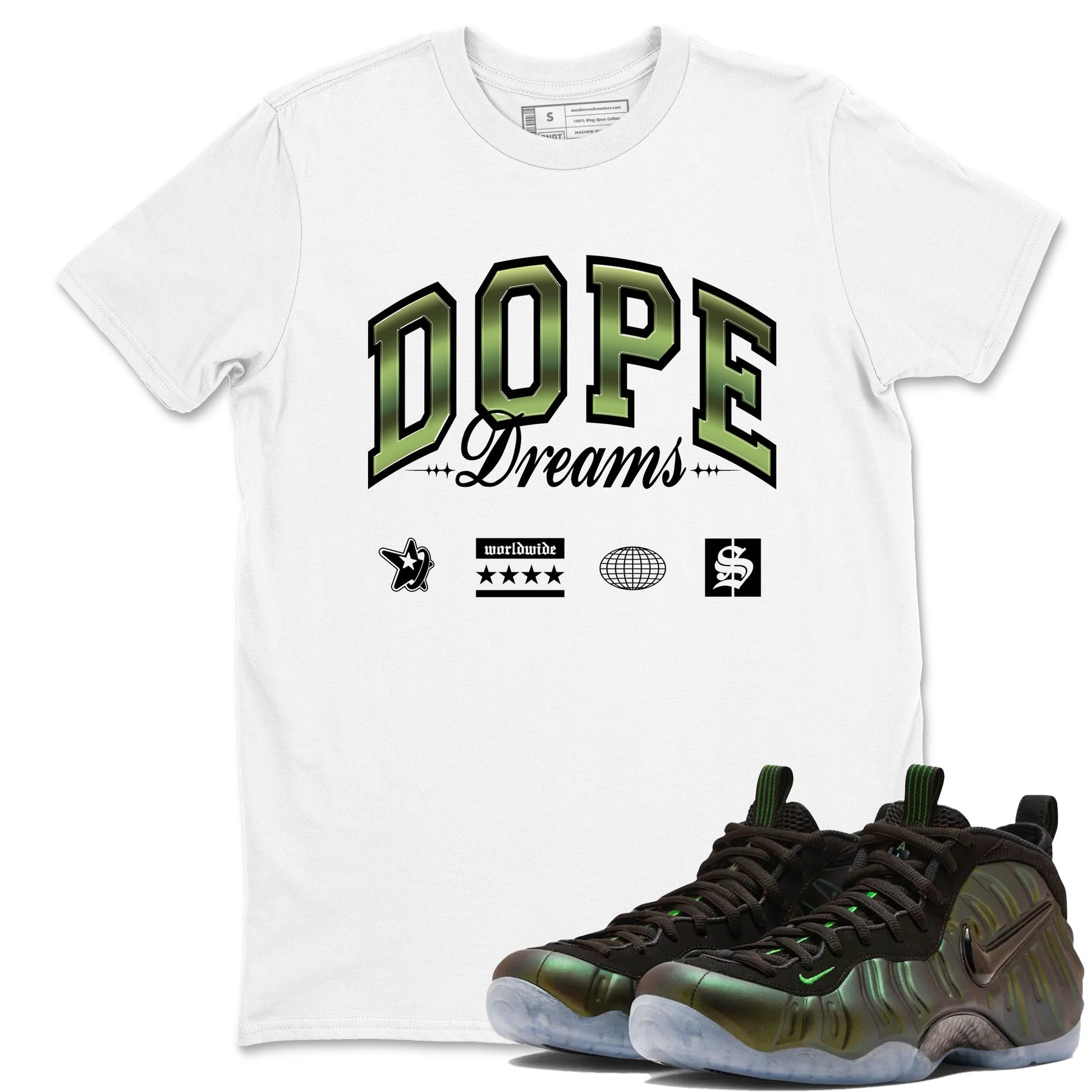 Sneaker match tees – Sneaker Tees To Match Air Foamposite One Pine Green Shoes – Dope Dreams Tee White 1