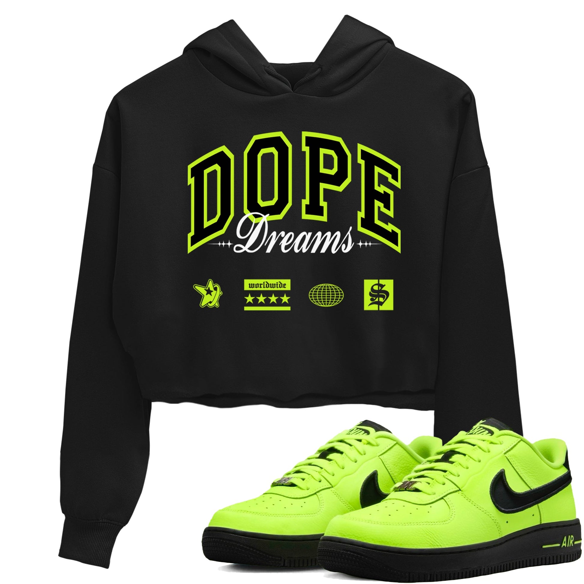 AF1 Volt shirts to match jordans Dope Dreams sneaker match tees Air Force 1 Volt match shoes to clothes SNRT Sneaker Tees unisex cotton Black 1 crop tee