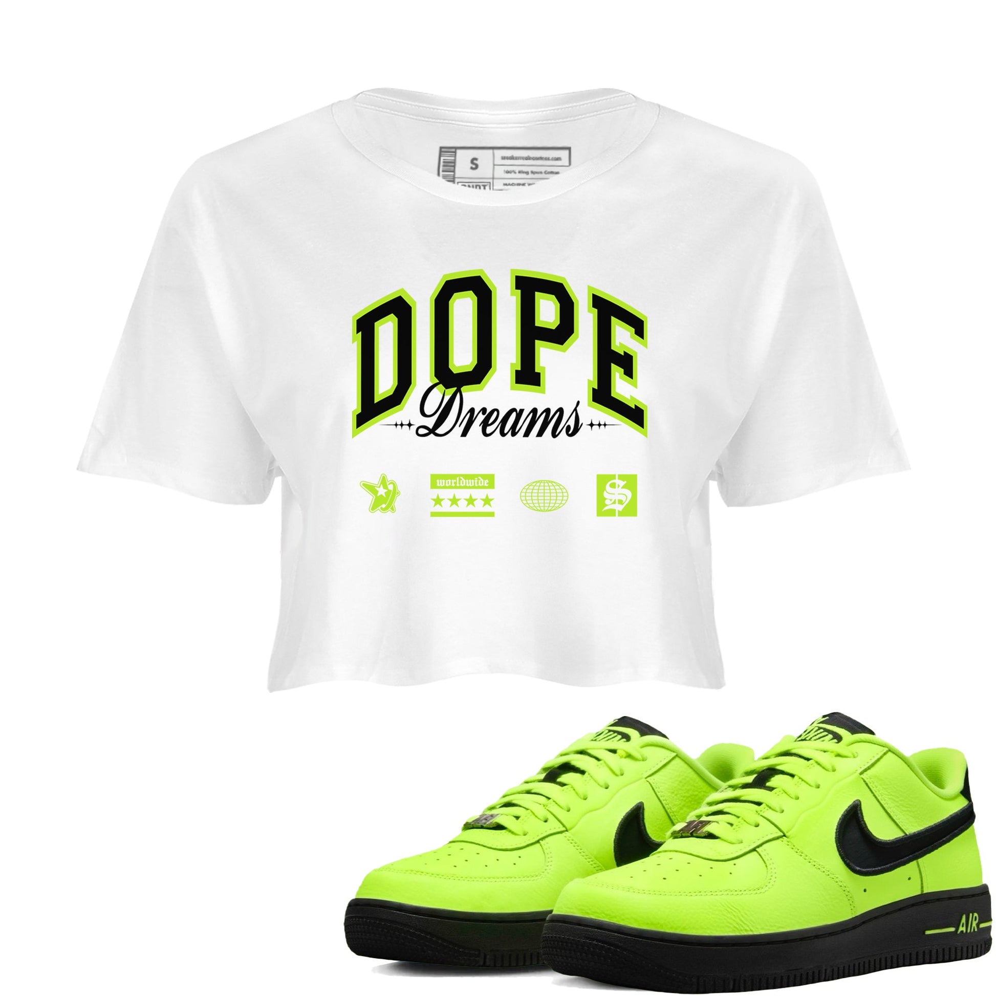 AF1 Volt shirts to match jordans Dope Dreams sneaker match tees Air Force 1 Volt match shoes to clothes SNRT Sneaker Tees unisex cotton White 1 crop tee