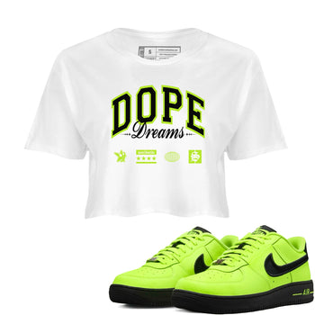 AF1 Volt shirts to match jordans Dope Dreams sneaker match tees Air Force 1 Volt match shoes to clothes SNRT Sneaker Tees unisex cotton White 1 crop tee