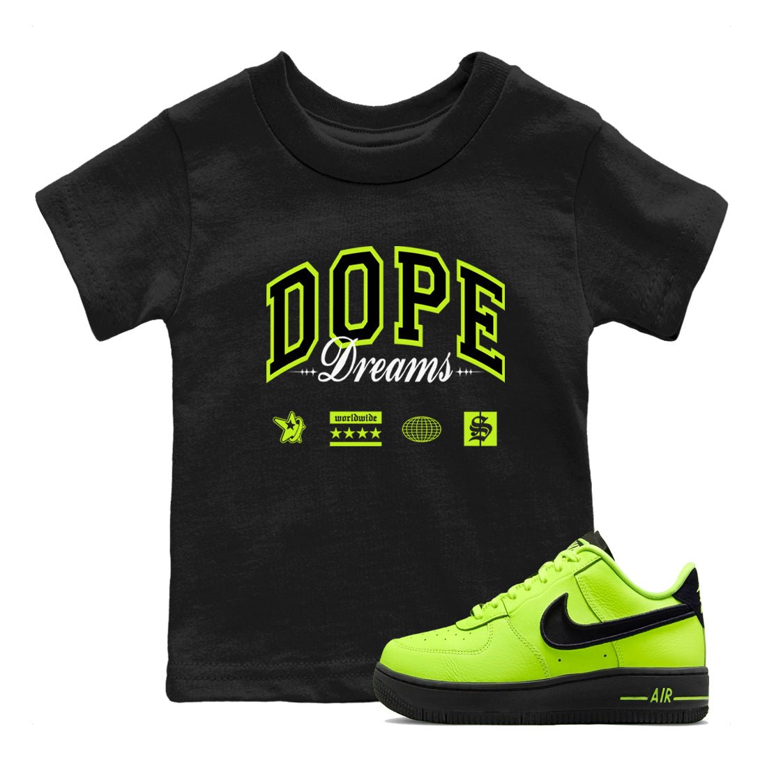 AF1 Volt shirts to match jordans Dope Dreams sneaker match tees Air Force 1 Volt match shoes to clothes SNRT Sneaker Tees Youth Baby Black 1 tee