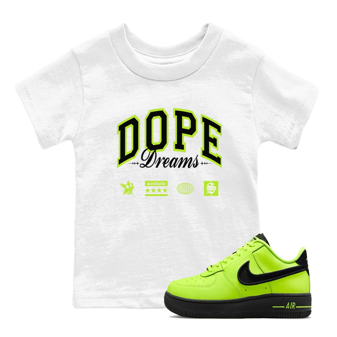 AF1 Volt shirts to match jordans Dope Dreams sneaker match tees Air Force 1 Volt match shoes to clothes SNRT Sneaker Tees Youth Baby White 1 tee
