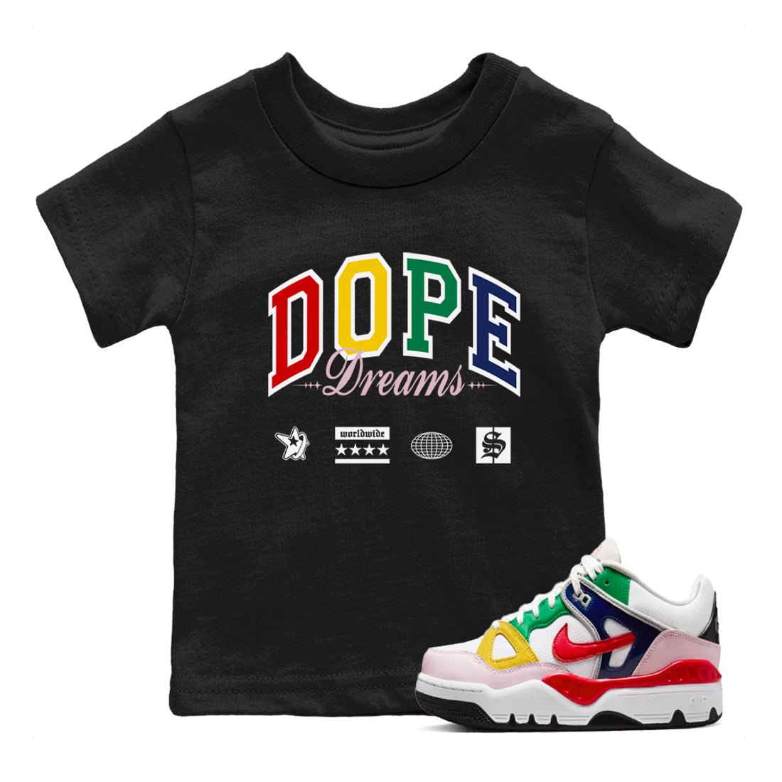 AF 3 Nigo shirtsto match jordans Dope Dreams sneaker match tees Air Force 3 Low x Nigo Blue Void and Tour Yellow match shoes to clothes SNRT Sneaker Tees Youth Baby Black 1 tee