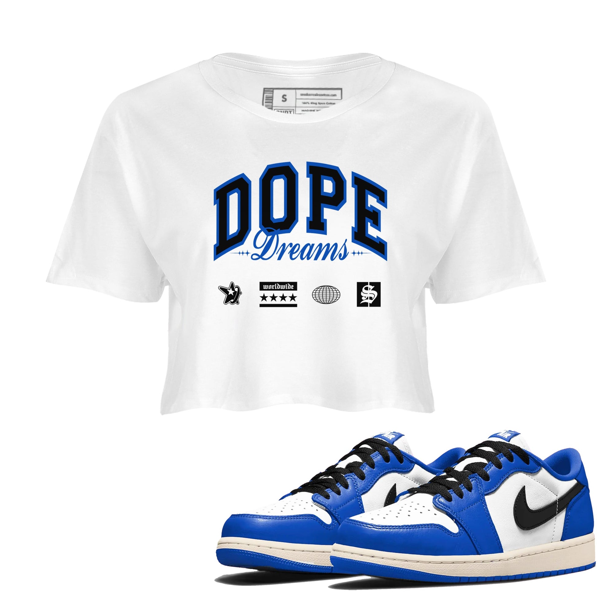 1s Game Royal shirts to match jordans Dope Dreams sneaker match tees Air Jordan 1 Game Royal SNRT Sneaker Release Tees unisex cotton White 1 Crop Shirts