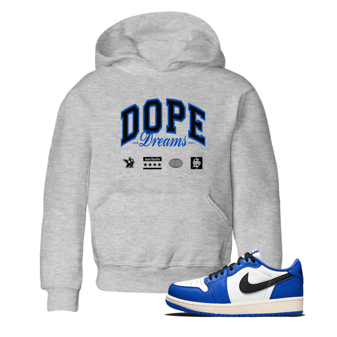 1s Game Royal shirts to match jordans Dope Dreams sneaker match tees Air Jordan 1 Game Royal SNRT Sneaker Release Tees Youth Baby Heather Grey 1 crew neck shirts