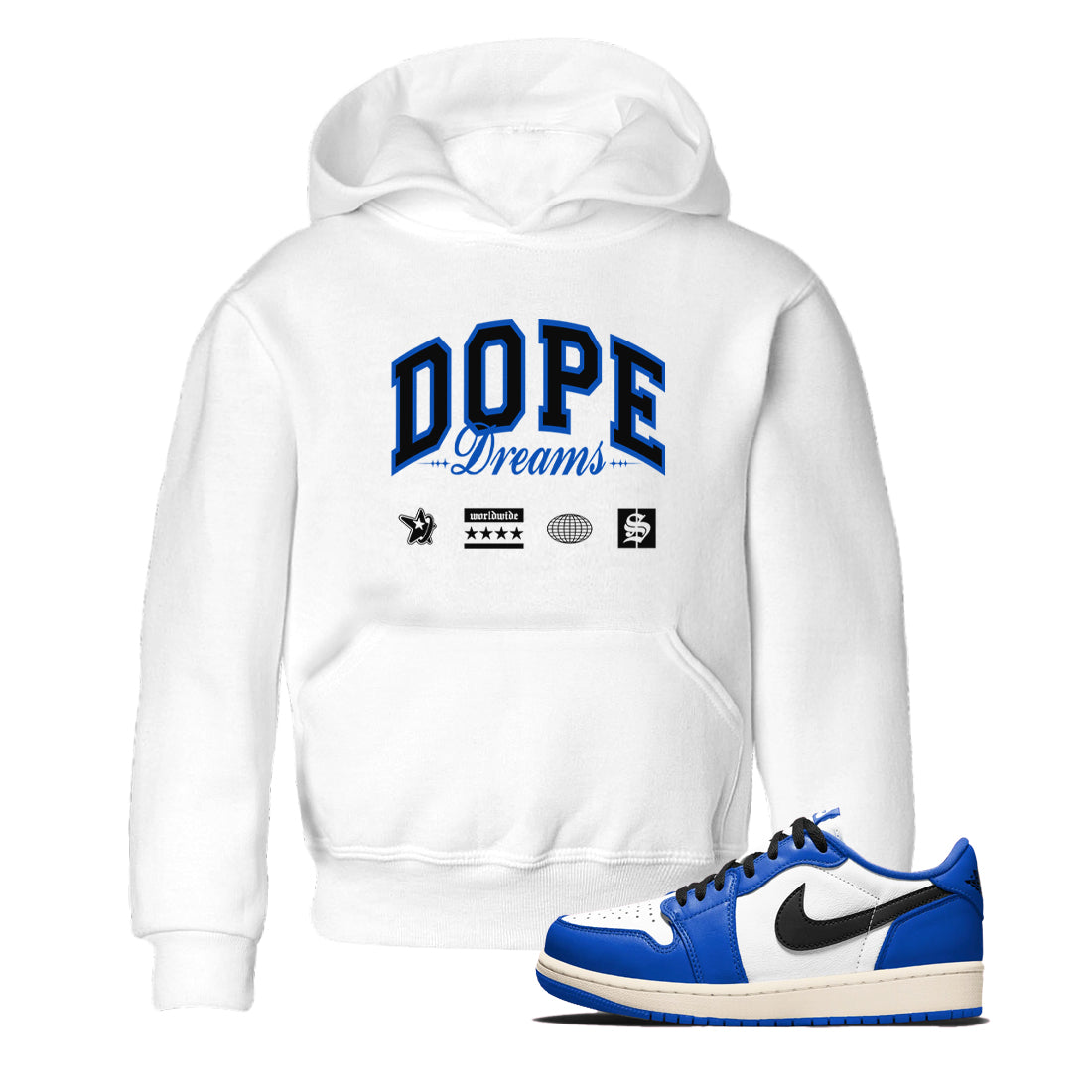 1s Game Royal shirts to match jordans Dope Dreams sneaker match tees Air Jordan 1 Game Royal SNRT Sneaker Release Tees Youth Baby White 1 crew neck shirts