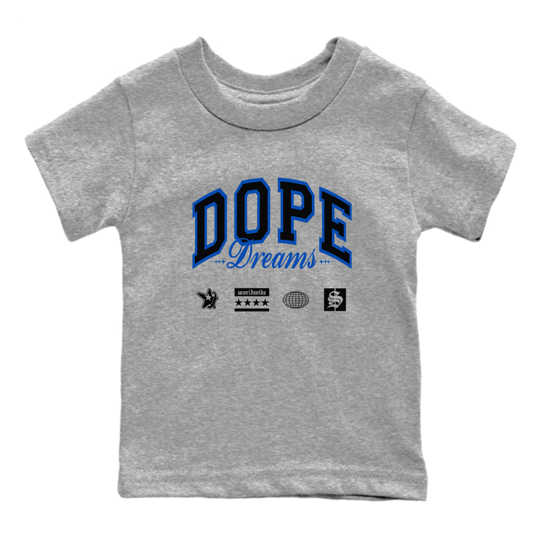 1s Game Royal shirts to match jordans Dope Dreams sneaker match tees Air Jordan 1 Game Royal SNRT Sneaker Release Tees Youth Baby Heather Grey 2 crew neck shirts