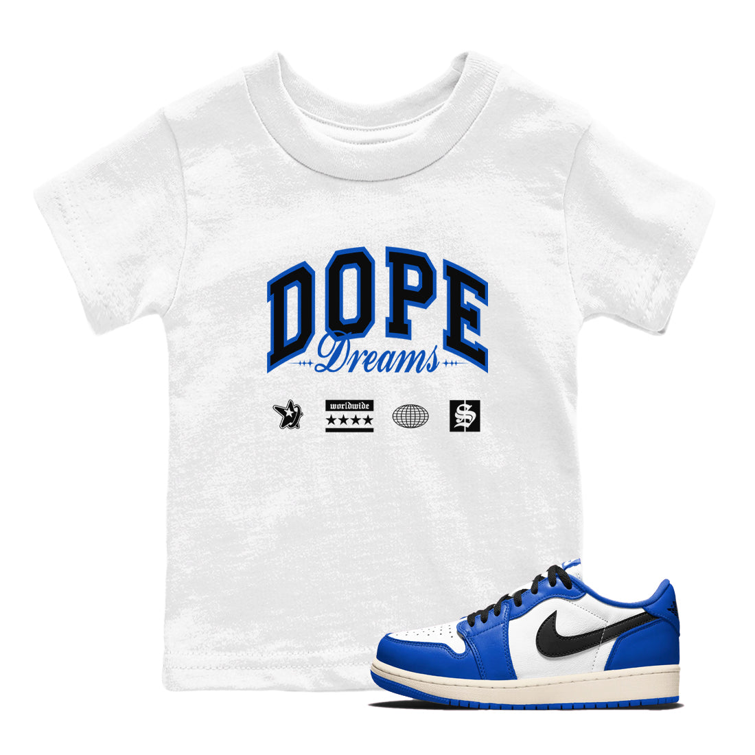 1s Game Royal shirts to match jordans Dope Dreams sneaker match tees Air Jordan 1 Game Royal SNRT Sneaker Release Tees Youth Baby White 1 crew neck shirts