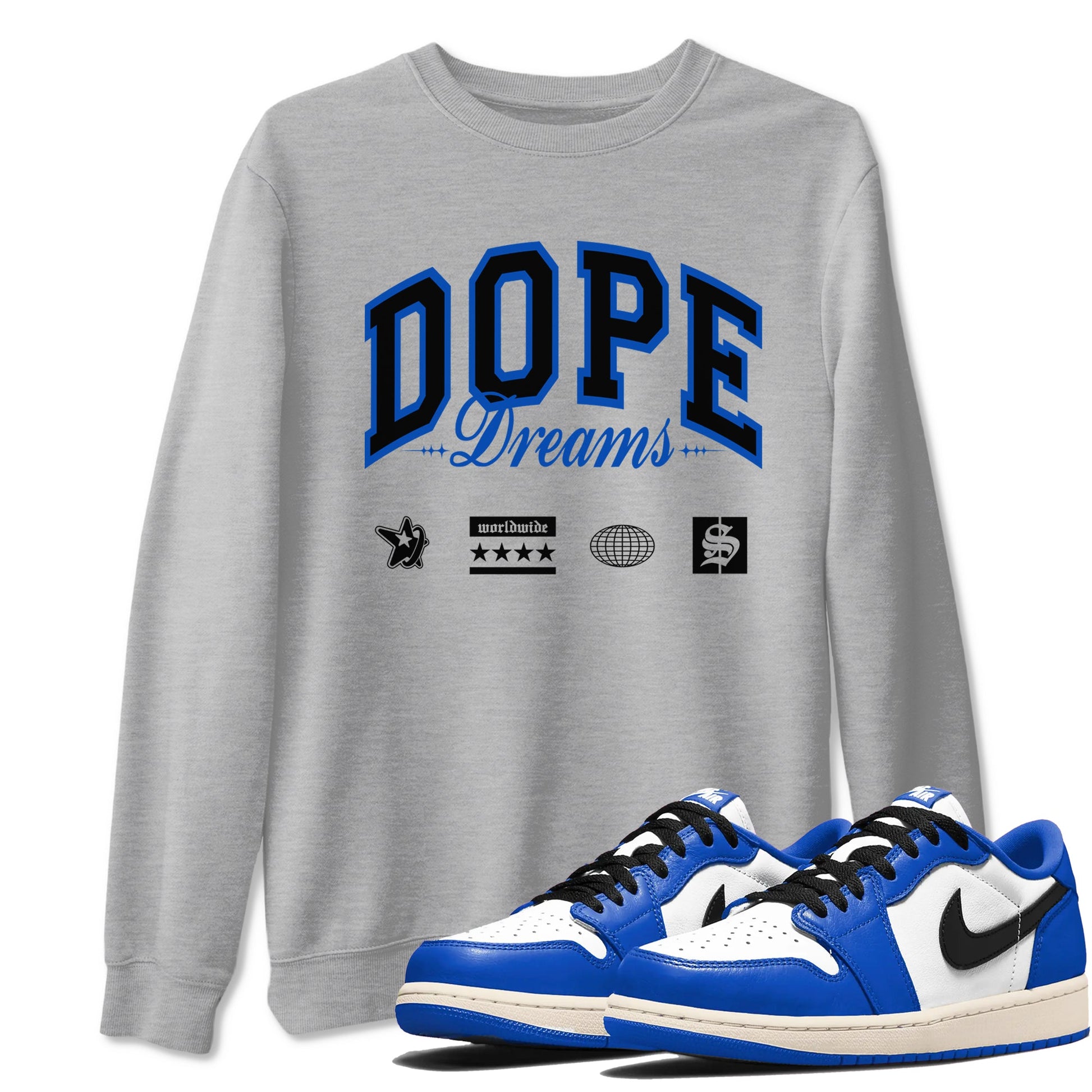 1s Game Royal shirts to match jordans Dope Dreams sneaker match tees Air Jordan 1 Game Royal SNRT Sneaker Release Tees unisex cotton Heather Grey 1 crew neck shirts