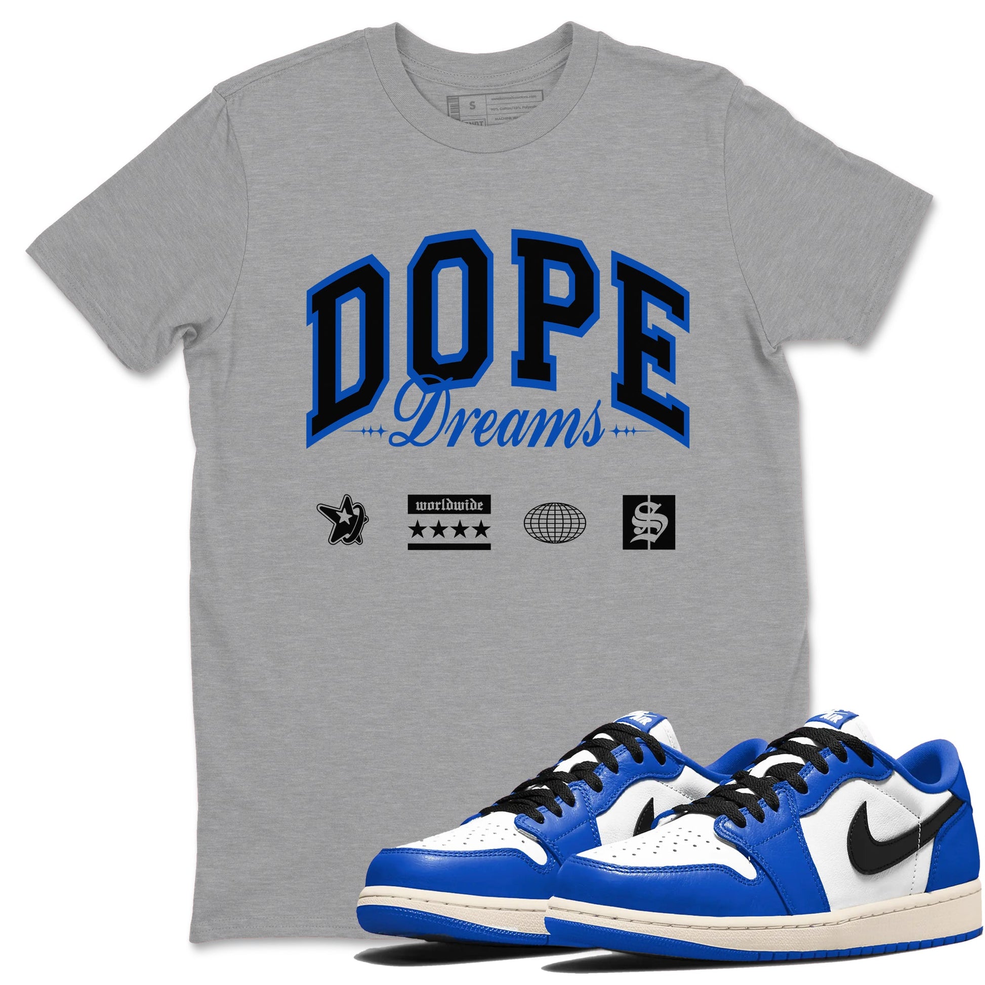 1s Game Royal shirts to match jordans Dope Dreams sneaker match tees Air Jordan 1 Game Royal SNRT Sneaker Release Tees unisex cotton Heather Grey 1 crew neck shirts
