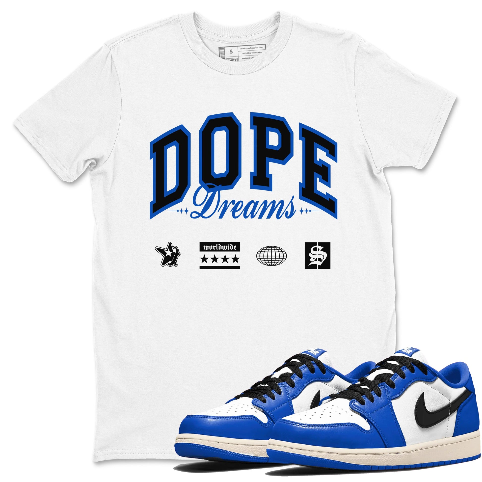 1s Game Royal shirts to match jordans Dope Dreams sneaker match tees Air Jordan 1 Game Royal SNRT Sneaker Release Tees unisex cotton White 1 crew neck shirts