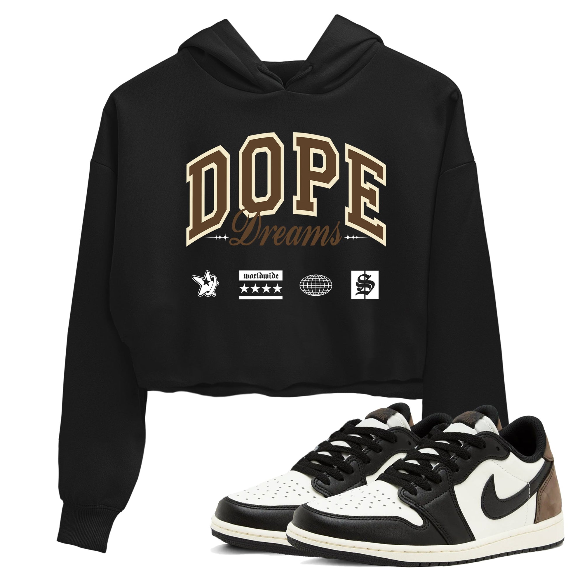 1s Mocha shirts to match jordans Dope Dreams sneaker match tees Air Jordan 1 Mocha match shoes to clothes SNRT Sneaker Tees unisex cotton Black 1 crop tee
